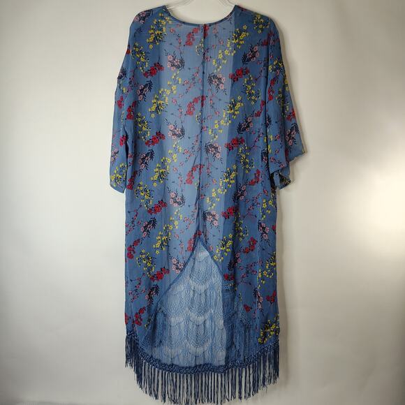 Blue Floral Open Front Kimono Cardigan w/‎ Fringe Hem & Lace Sheer Boho Cover Up - Picture 6 of 11